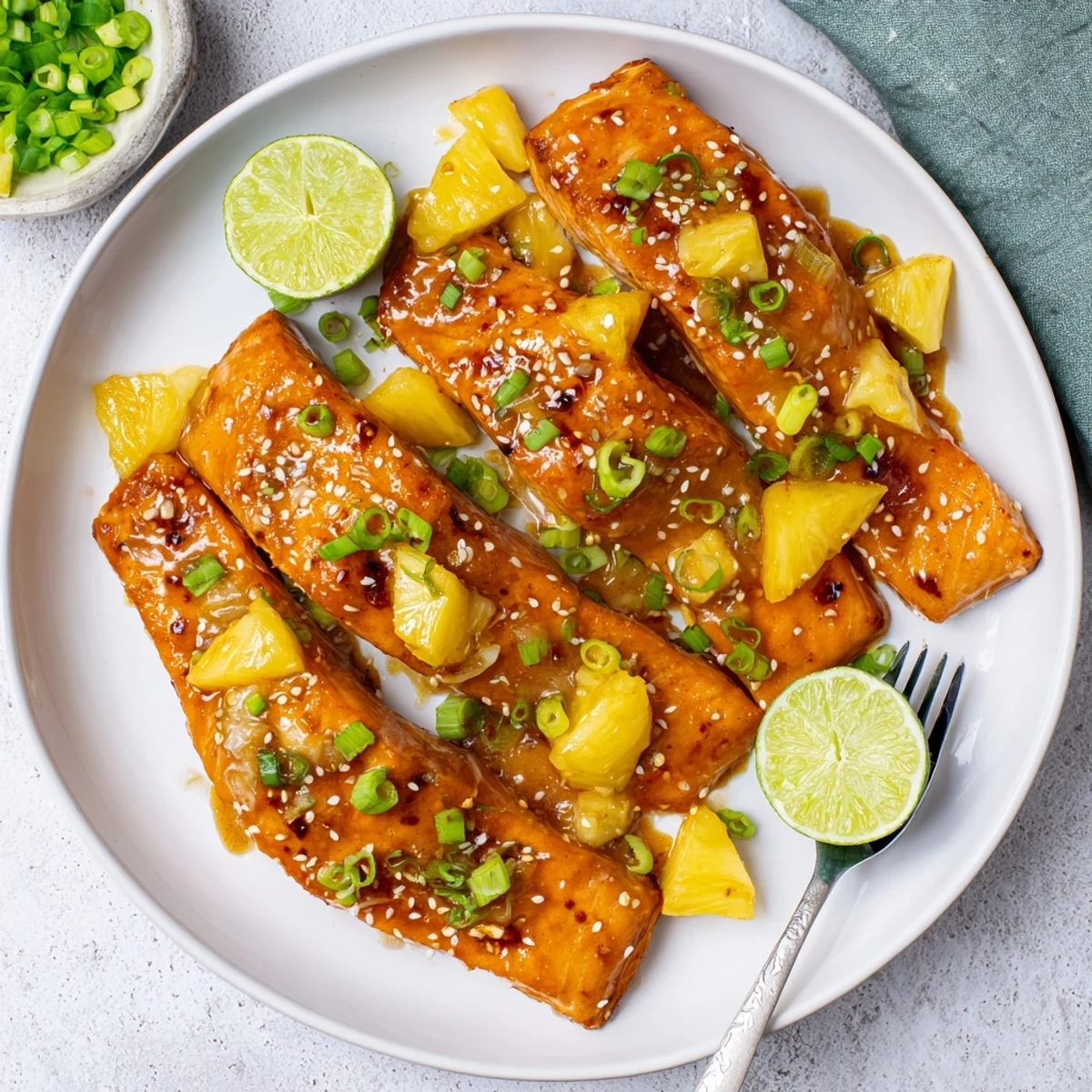 Baked salmon with sticky pineapple soy glaze garnished with green onions and sesame seeds