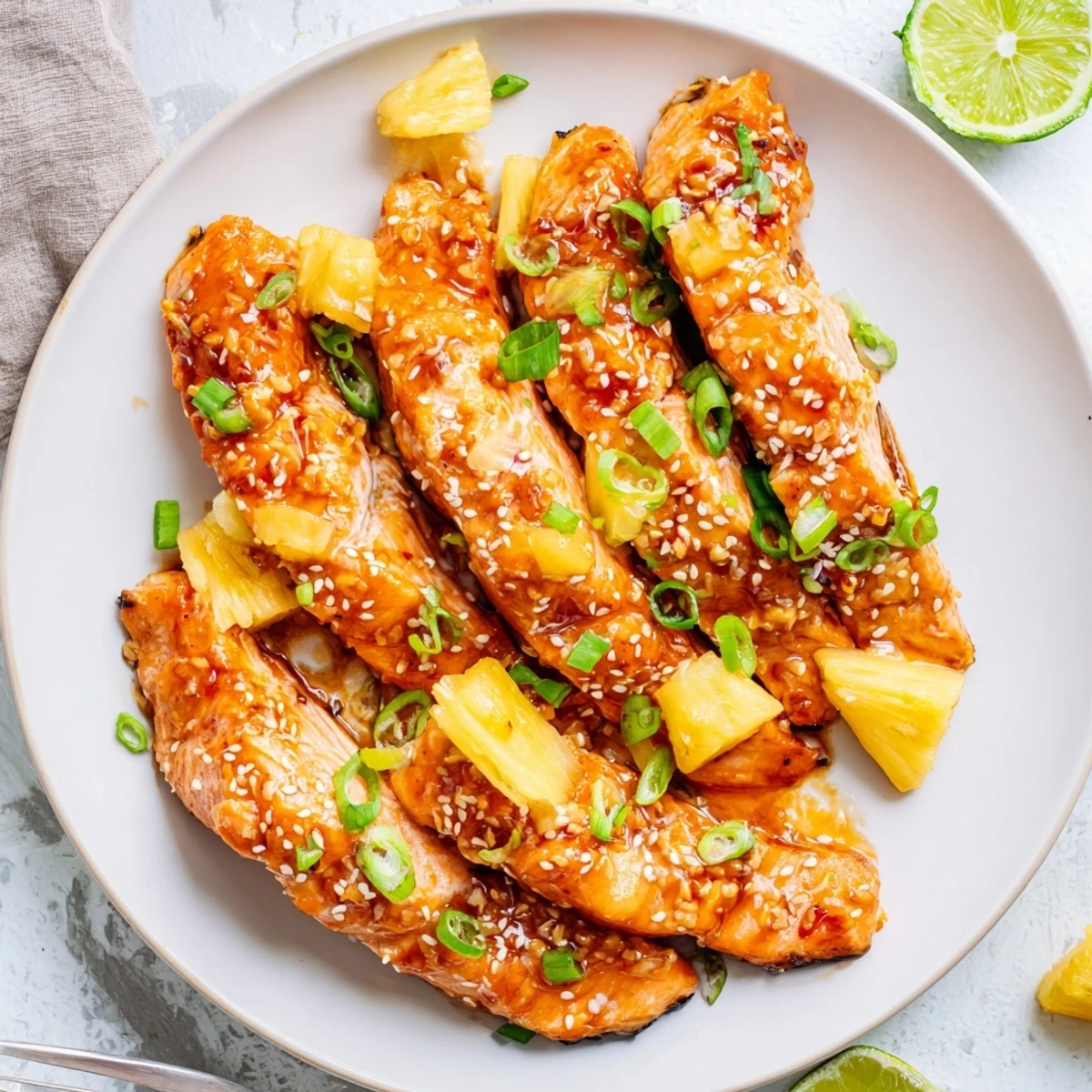 Perfectly cooked pineapple glazed salmon served with fresh pineapple chunks and lime wedges