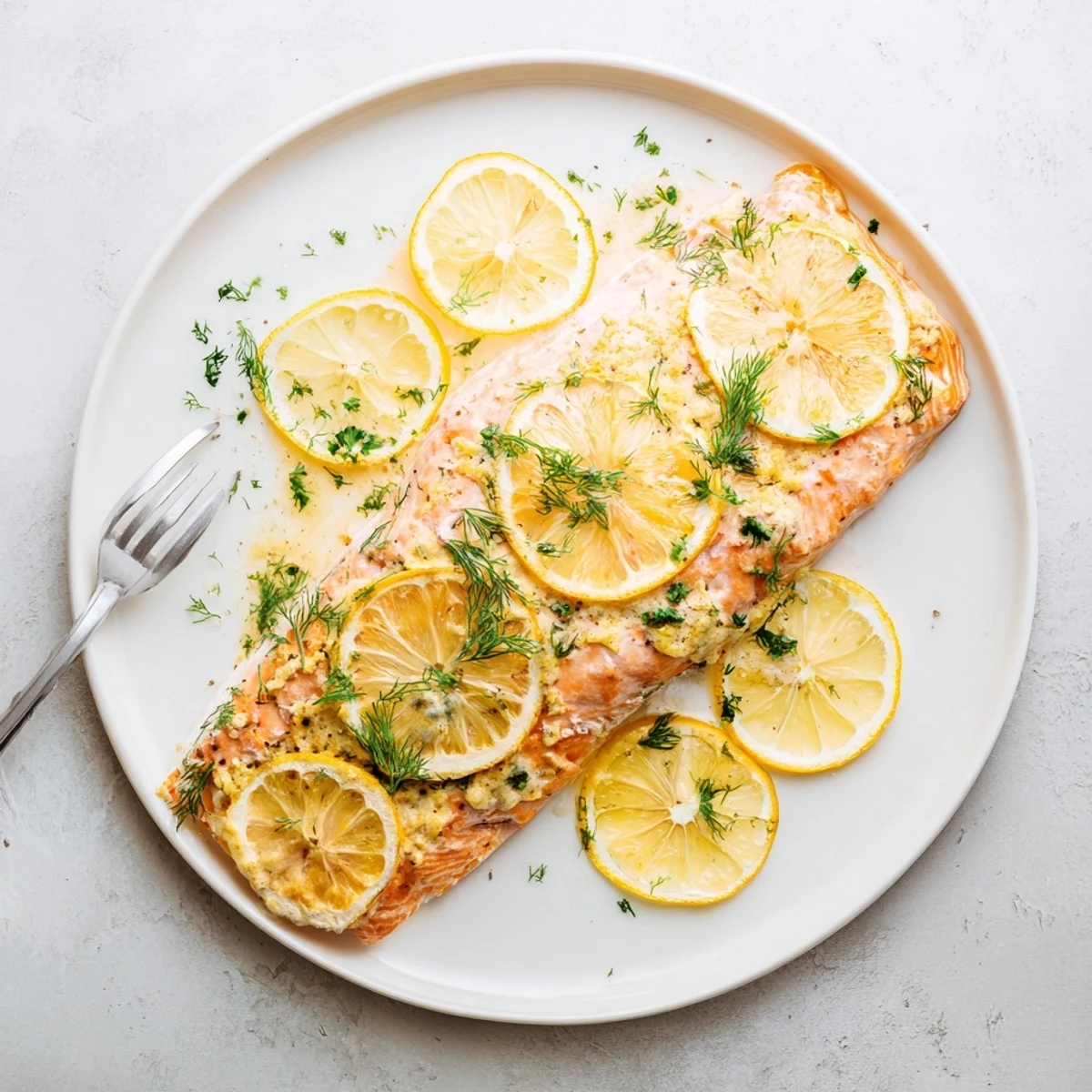 Tender flaky baked salmon topped with bright lemon and green dill garnish