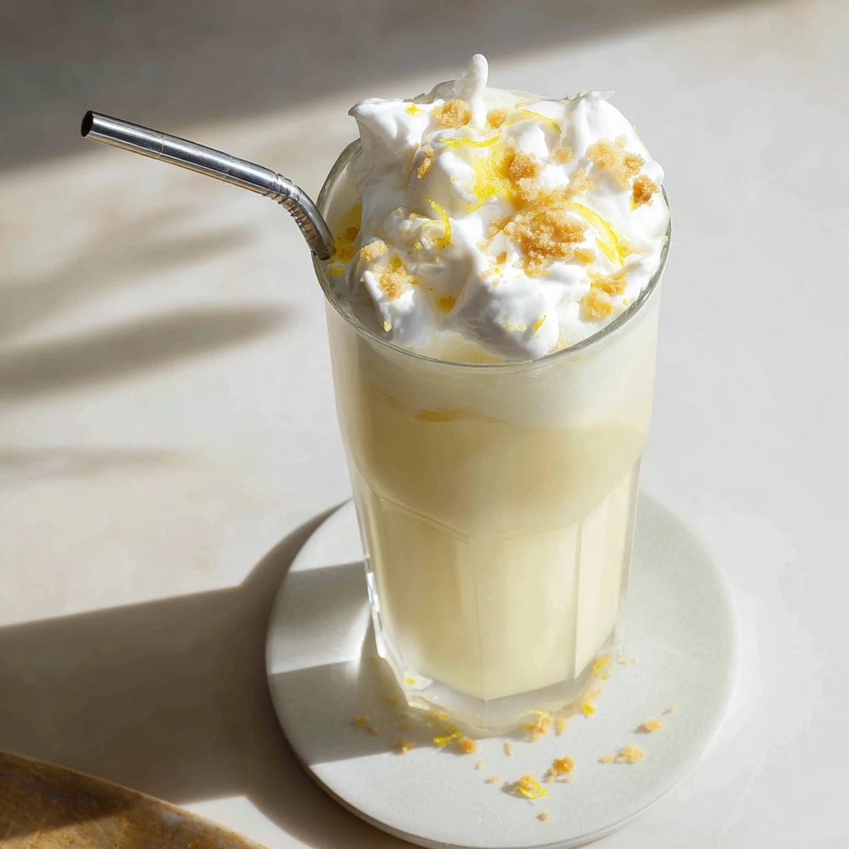 Frosty glass of lemon meringue frappé topped with fluffy white peaks and fresh zest