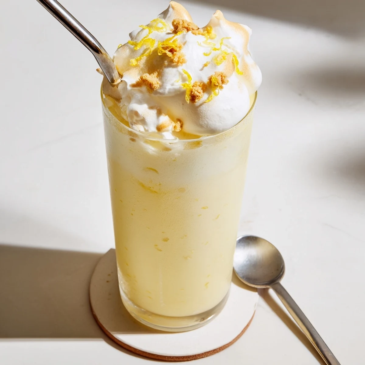 Creamy lemon meringue frappé blended with ice and garnished with graham cracker crumbs