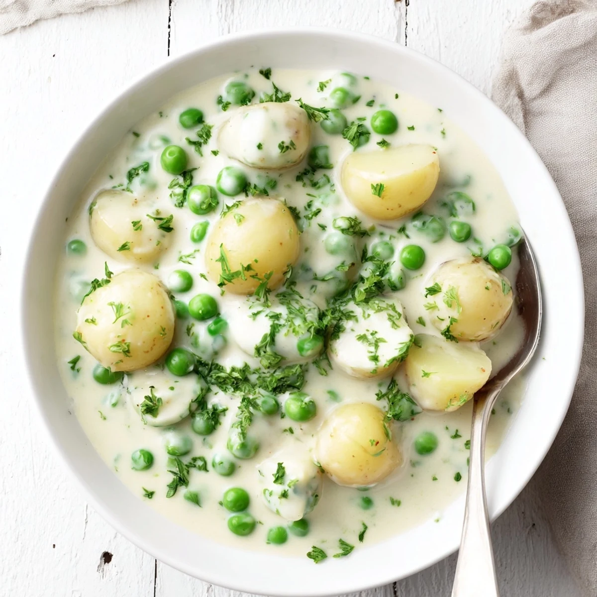 Golden creamed peas and potatoes in a white bowl garnished with fresh green parsley