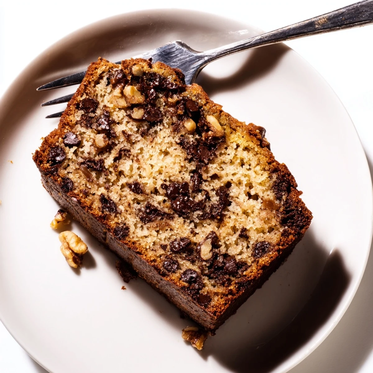 Golden brown chocolate chip banana bread loaf with melted chocolate chunks on top