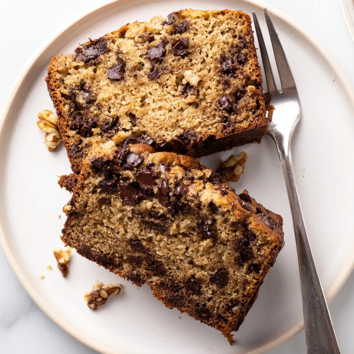 Thick slice of moist chocolate chip banana bread served on a white plate