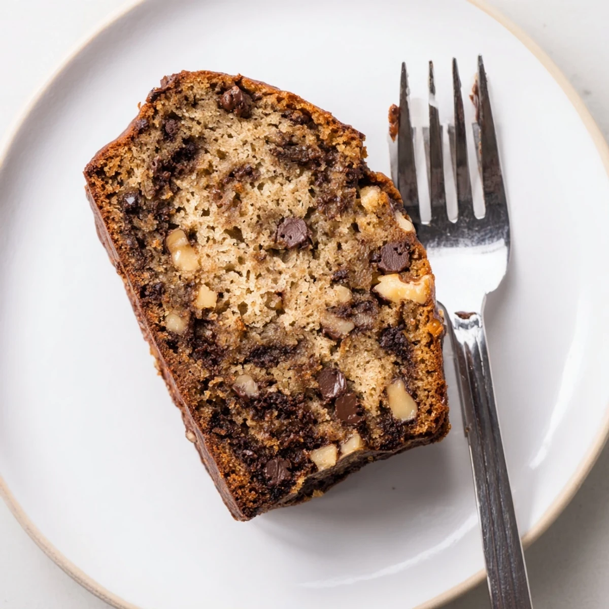 Freshly baked chocolate chip banana bread with oozing chips and golden crust