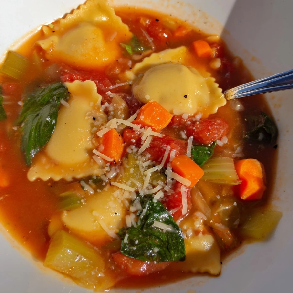 Steaming bowl of Easy Tuscan Ravioli Soup filled with cheese ravioli and fresh spinach in rich tomato broth