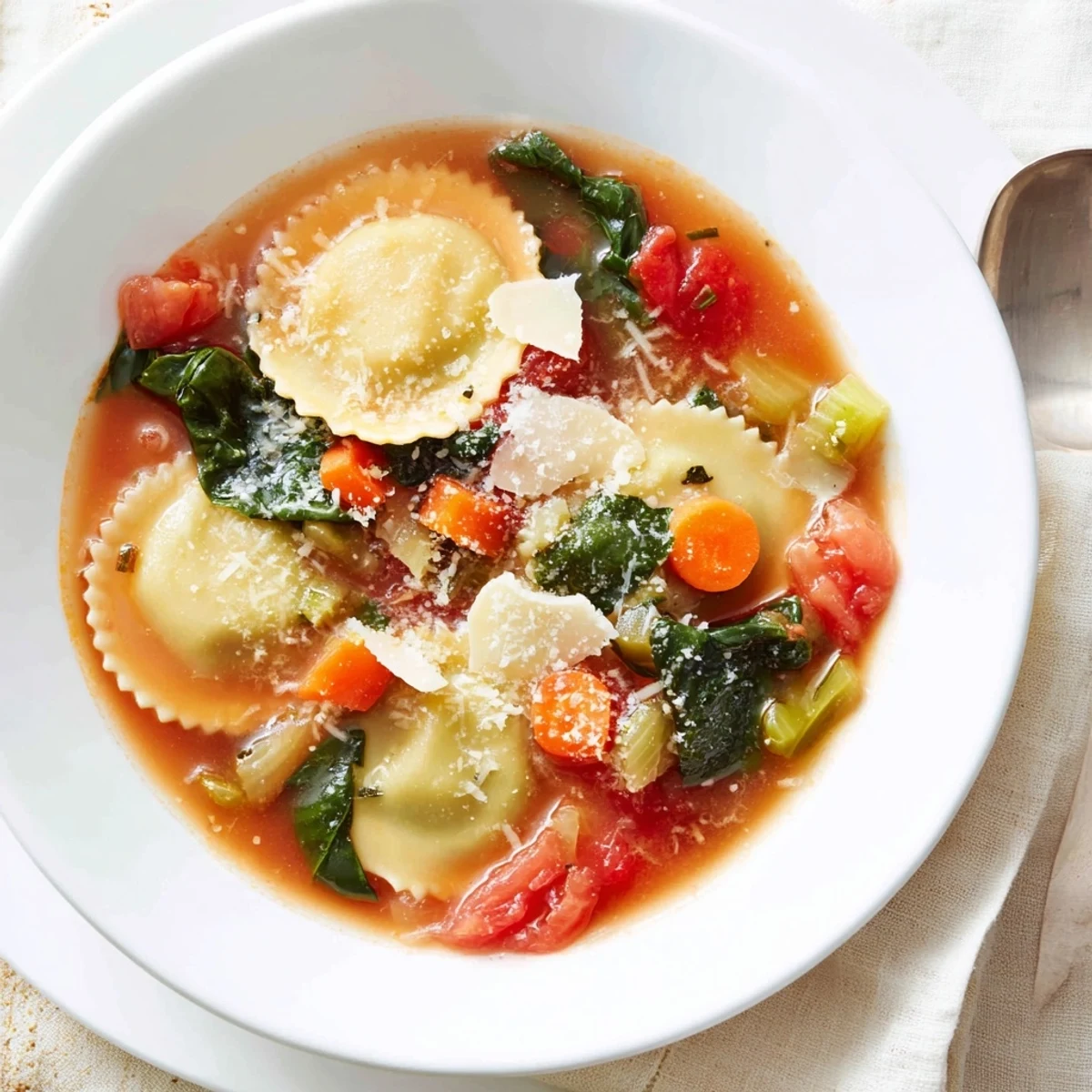Comforting Easy Tuscan Ravioli Soup featuring tender ravioli, carrots, and celery in savory herb tomato broth