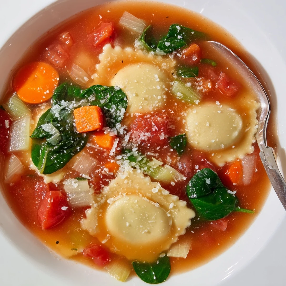Golden cheese ravioli floats in Easy Tuscan Ravioli Soup with wilted spinach and grated Parmesan garnish