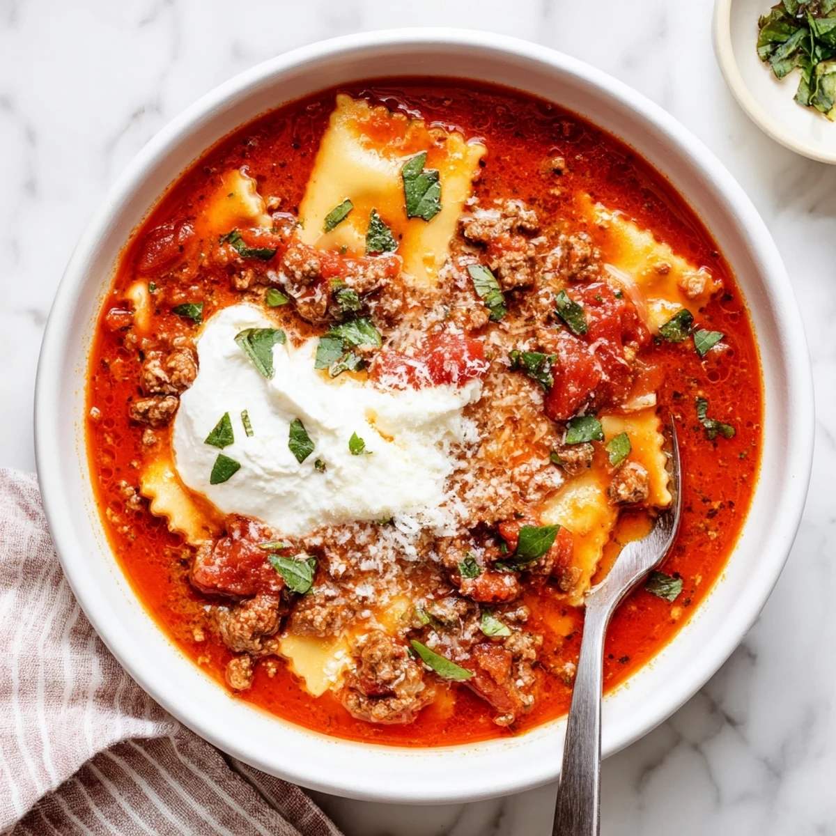 Hearty bowl of lasagna soup featuring tender noodles in savory tomato broth with melted mozzarella