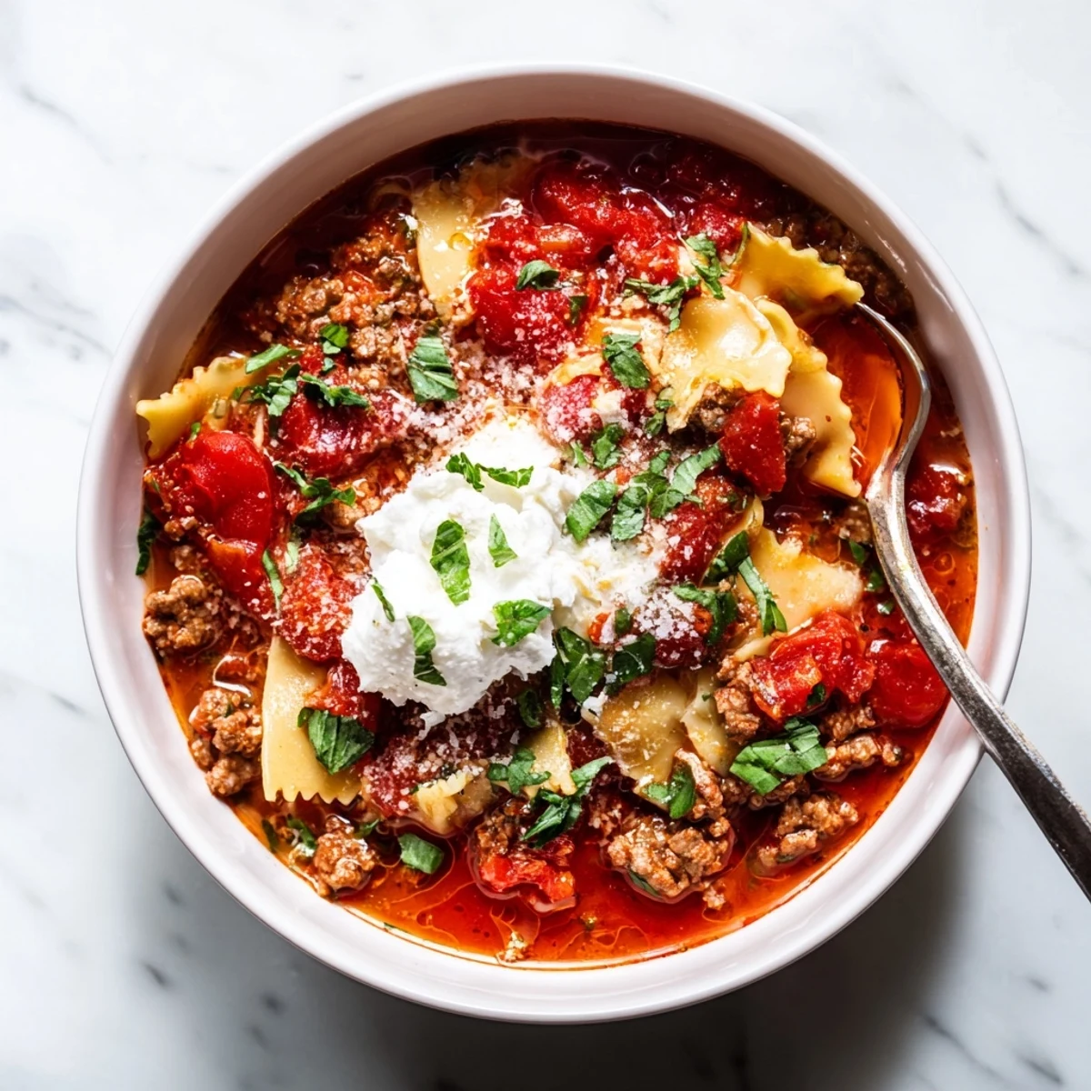 Rich Italian lasagna soup with broken pasta, ground beef, and dollop of creamy ricotta cheese topping