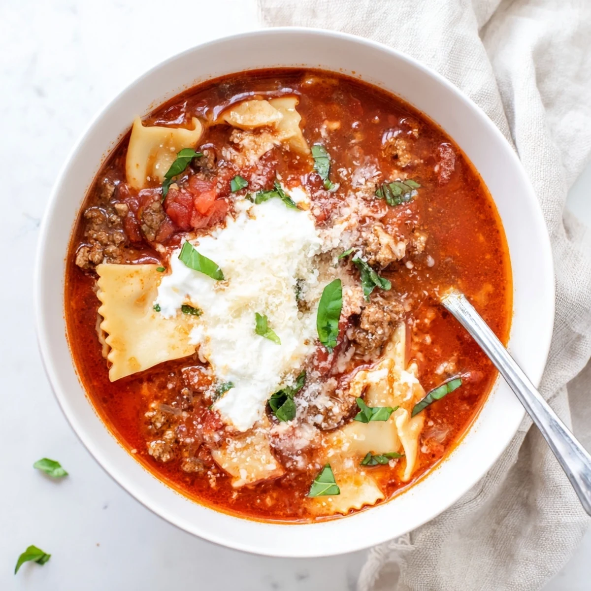 Comforting Italian soup with lasagna noodles, beef, and fresh basil garnish in a rustic white bowl