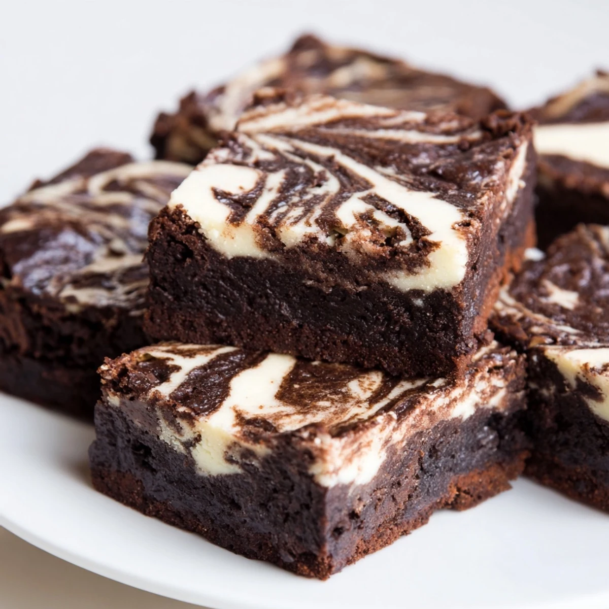 Fudgy cottage cheese brownies with a creamy marbled swirl on a white plate