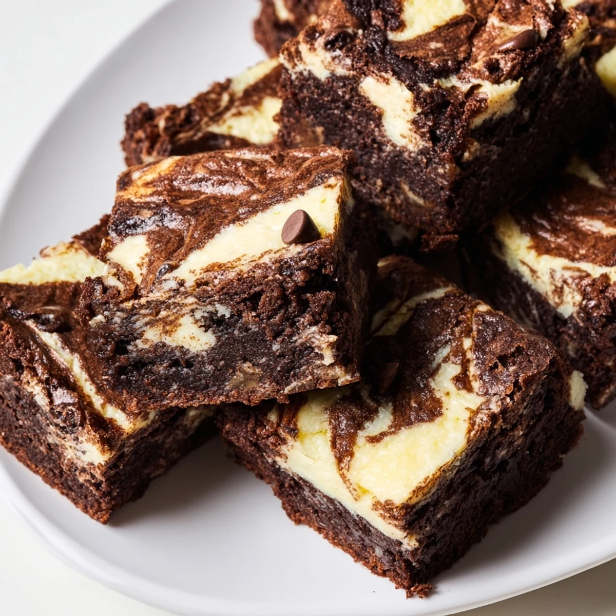 Square chocolate cottage cheese brownies with a tangy vanilla swirl on a parchment-lined pan