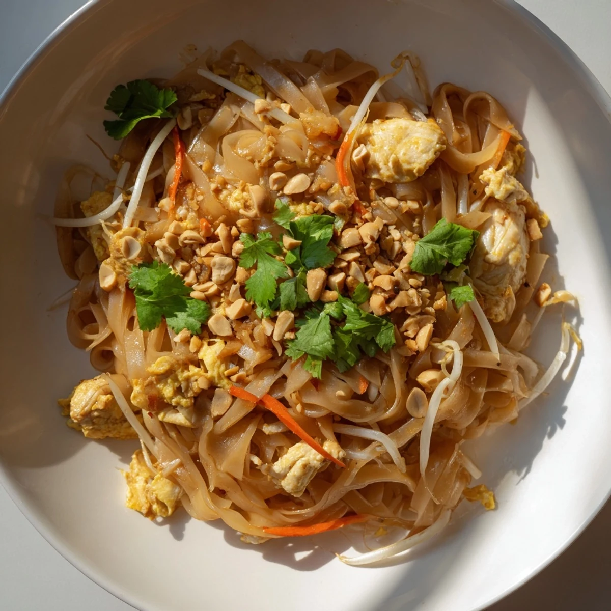 Steamy Chicken Pad Thai plated with crushed peanuts, fresh cilantro, and lime wedges