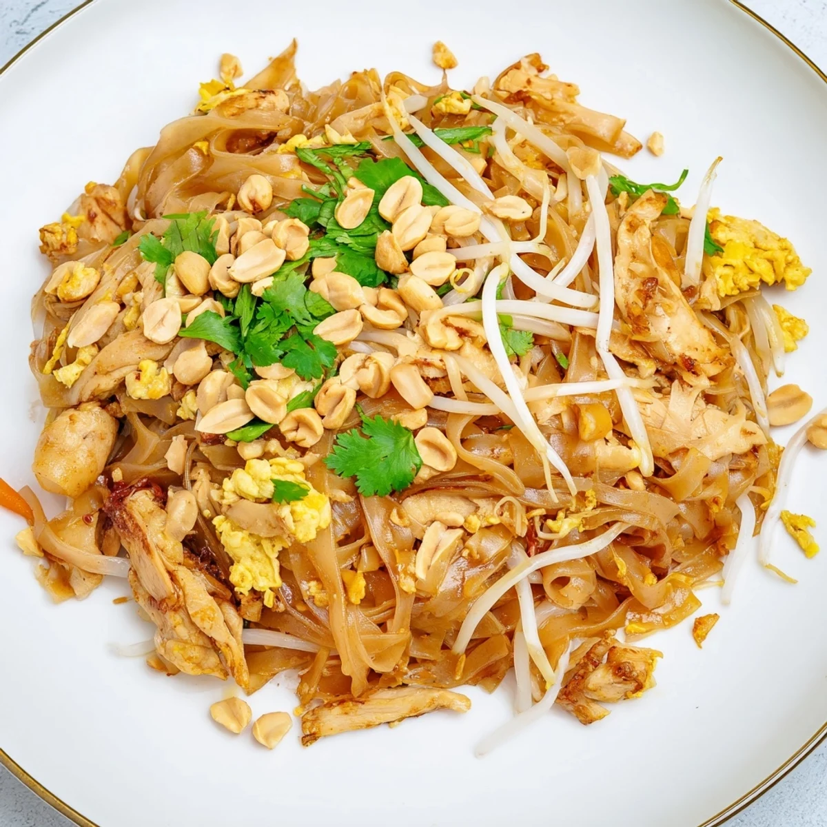 Golden Chicken Pad Thai stir-fried with bean sprouts and spring onions in a wok