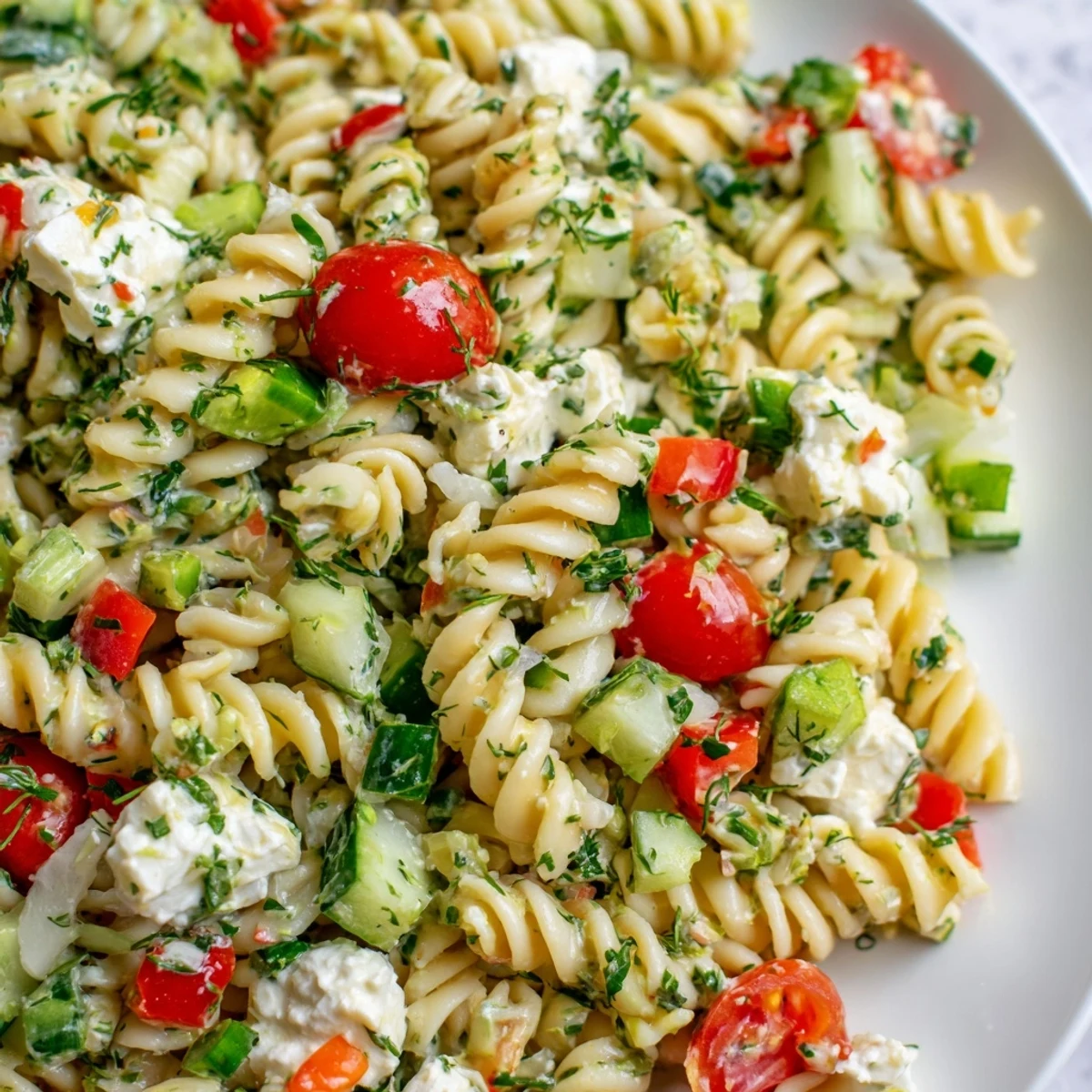 Colorful cottage cheese pasta salad bowl with cherry tomatoes, cucumber, and red bell pepper pieces