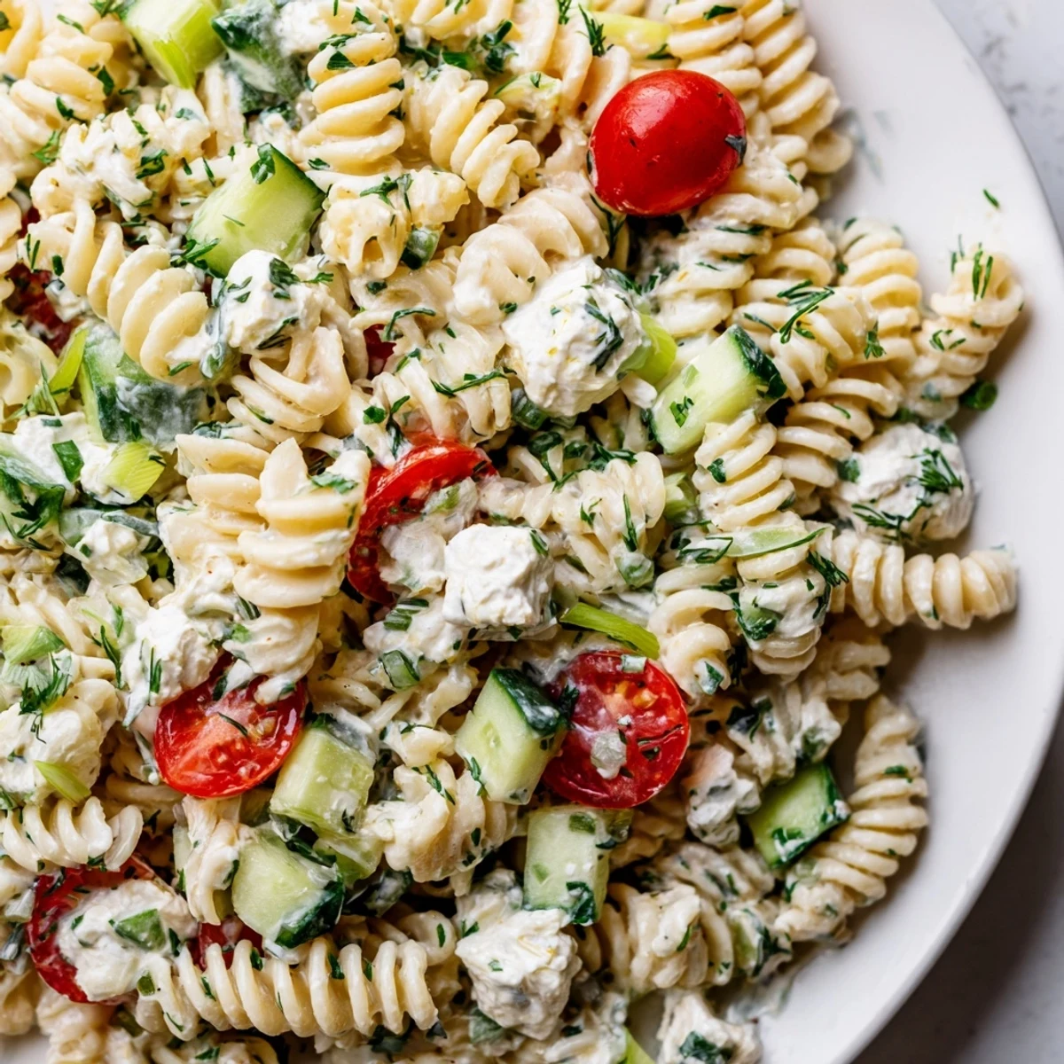 Protein-rich cottage cheese pasta salad featuring colorful diced veggies and tangy lemon herb coating