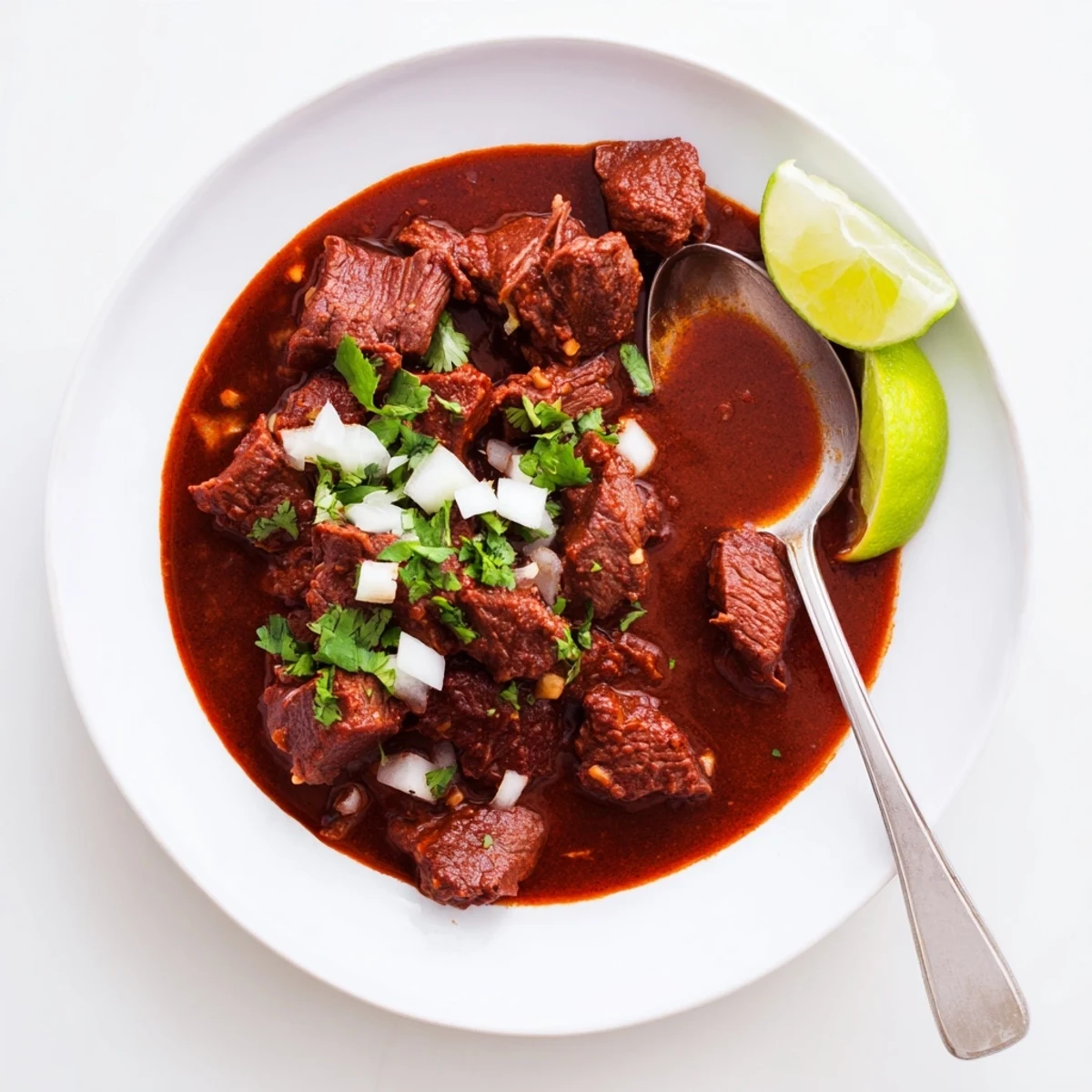 Slow cooker Crockpot Chili Colorado with tender beef cubes in rich red chili sauce garnished with fresh cilantro