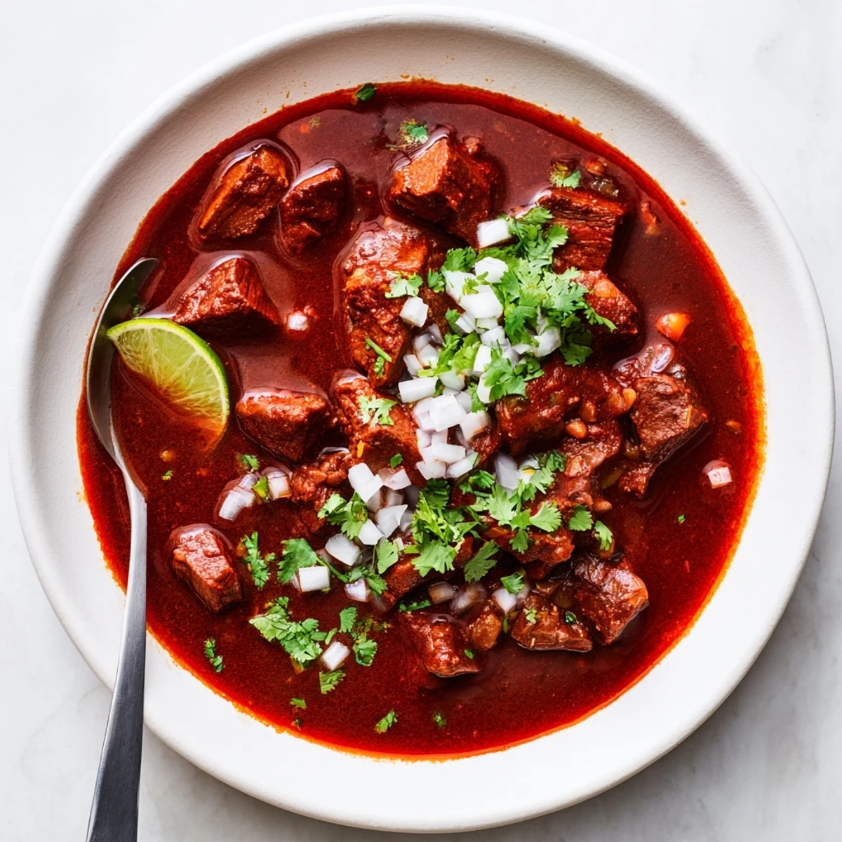 Hearty Crockpot Chili Colorado featuring succulent beef chunks simmered in smooth red chili sauce with diced onion topping