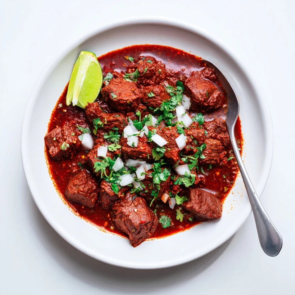 Crockpot Chili Colorado served in bowl with melting tender beef pieces in deep red sauce and lime wedge