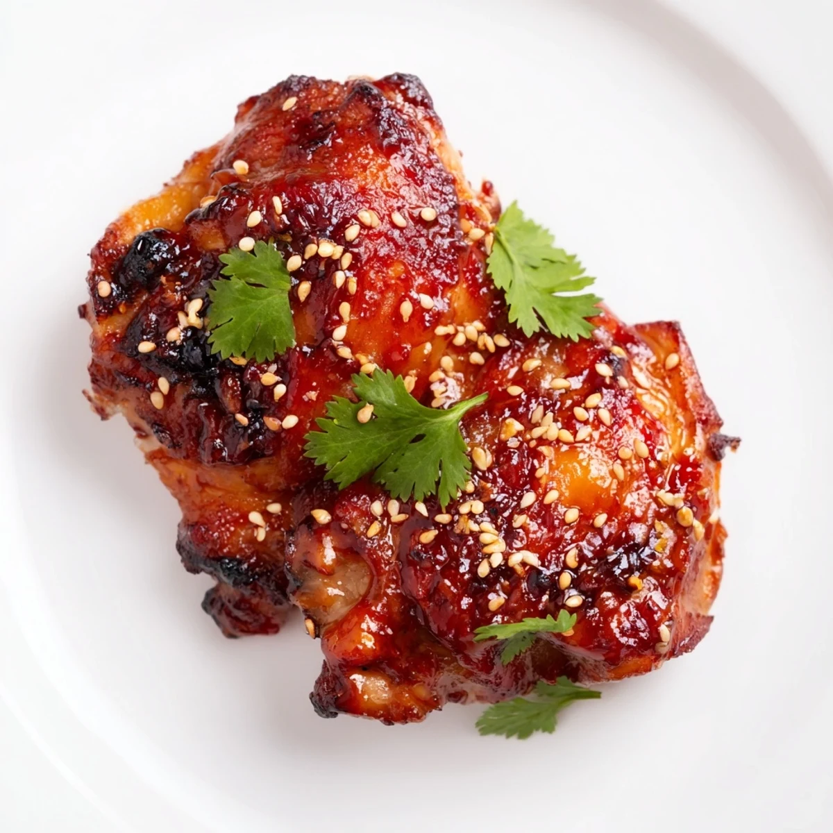 Golden glazed spicy maple chicken thighs resting atop fluffy white coconut rice in a shallow bowl