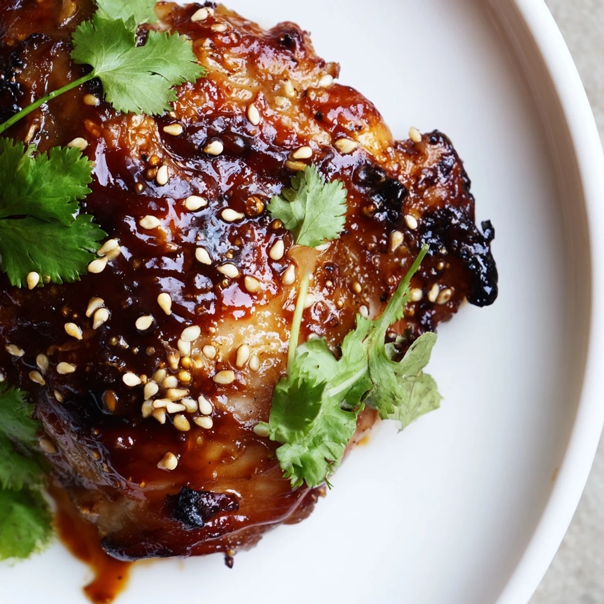 Close-up of tender chicken pieces coated in sticky sweet and spicy maple sauce over fragrant coconut rice