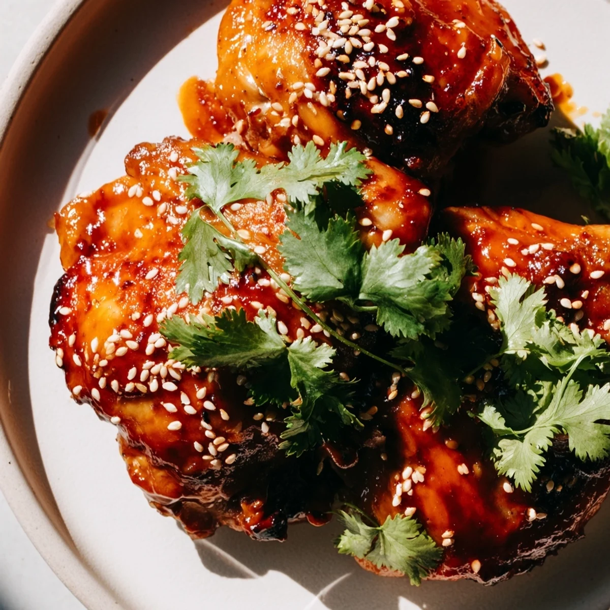 Spoonful of creamy coconut rice topped with juicy spicy maple chicken garnished with fresh cilantro and sesame seeds