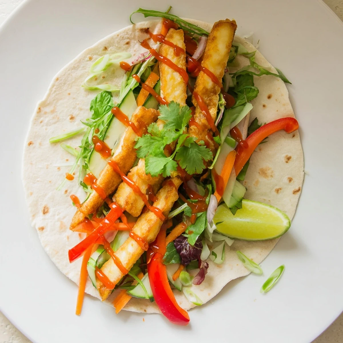 Golden brown vegetarian sweet chili halloumi wraps filled with crisp vegetables and tangy sauce