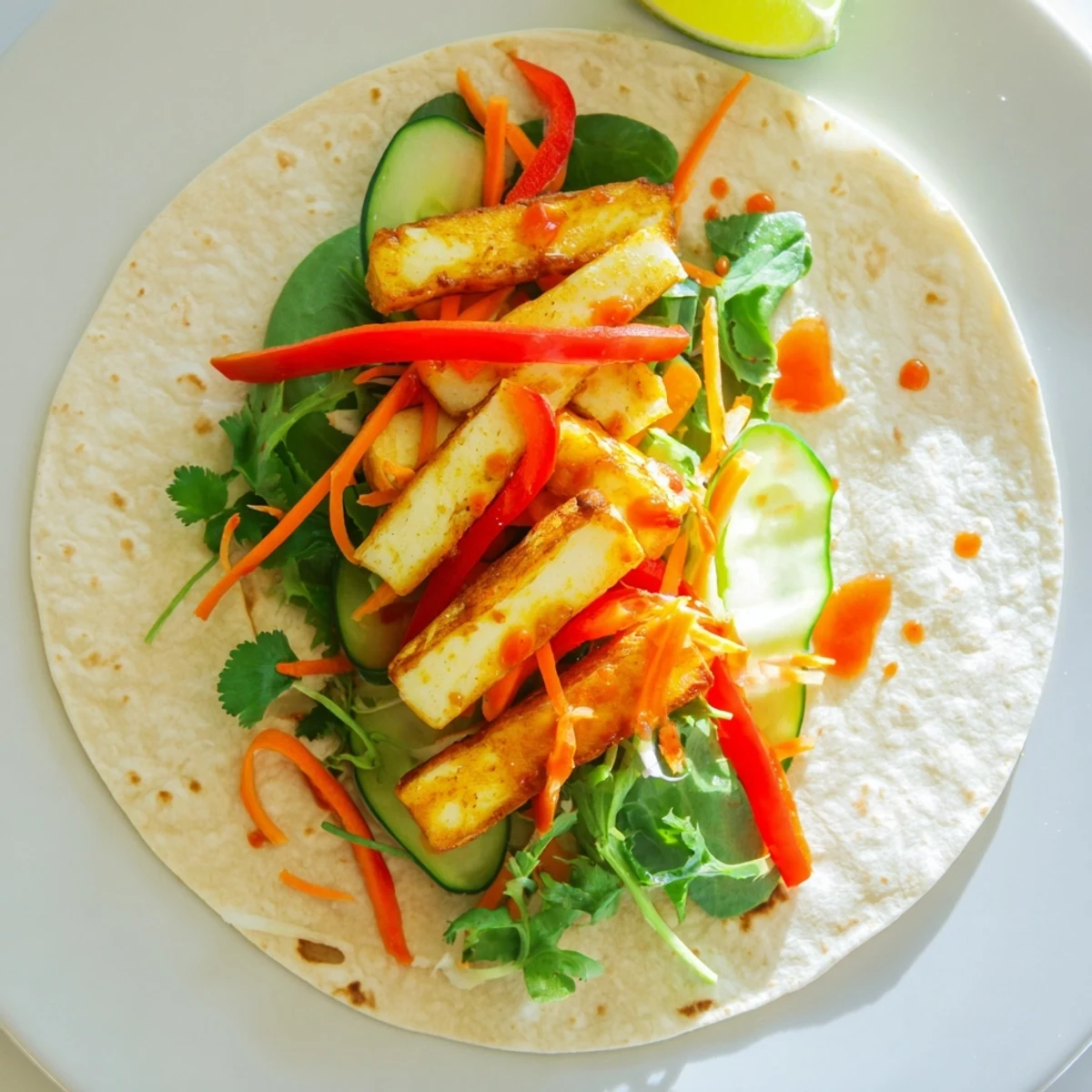Crispy fried halloumi cheese wraps with fresh julienned veggies and sweet chili glaze