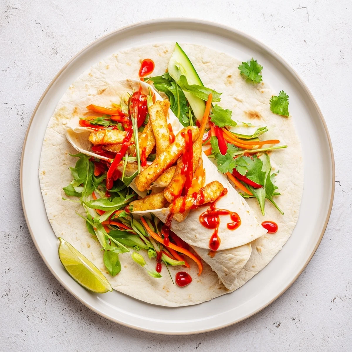 Flour tortilla rolled around golden halloumi strips, crunchy peppers, and sweet chili sauce