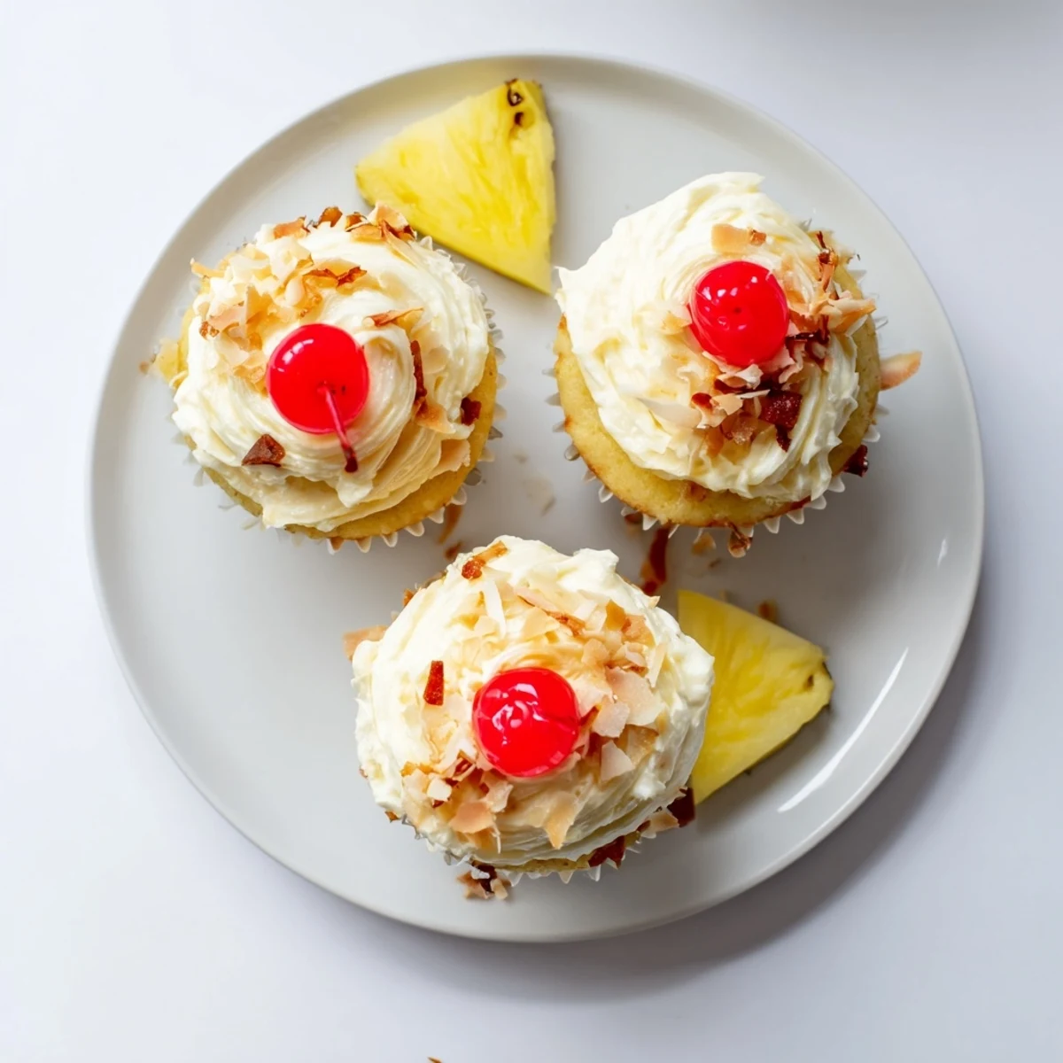 Golden Pina Colada cupcakes topped with fluffy white coconut frosting and toasted coconut flakes