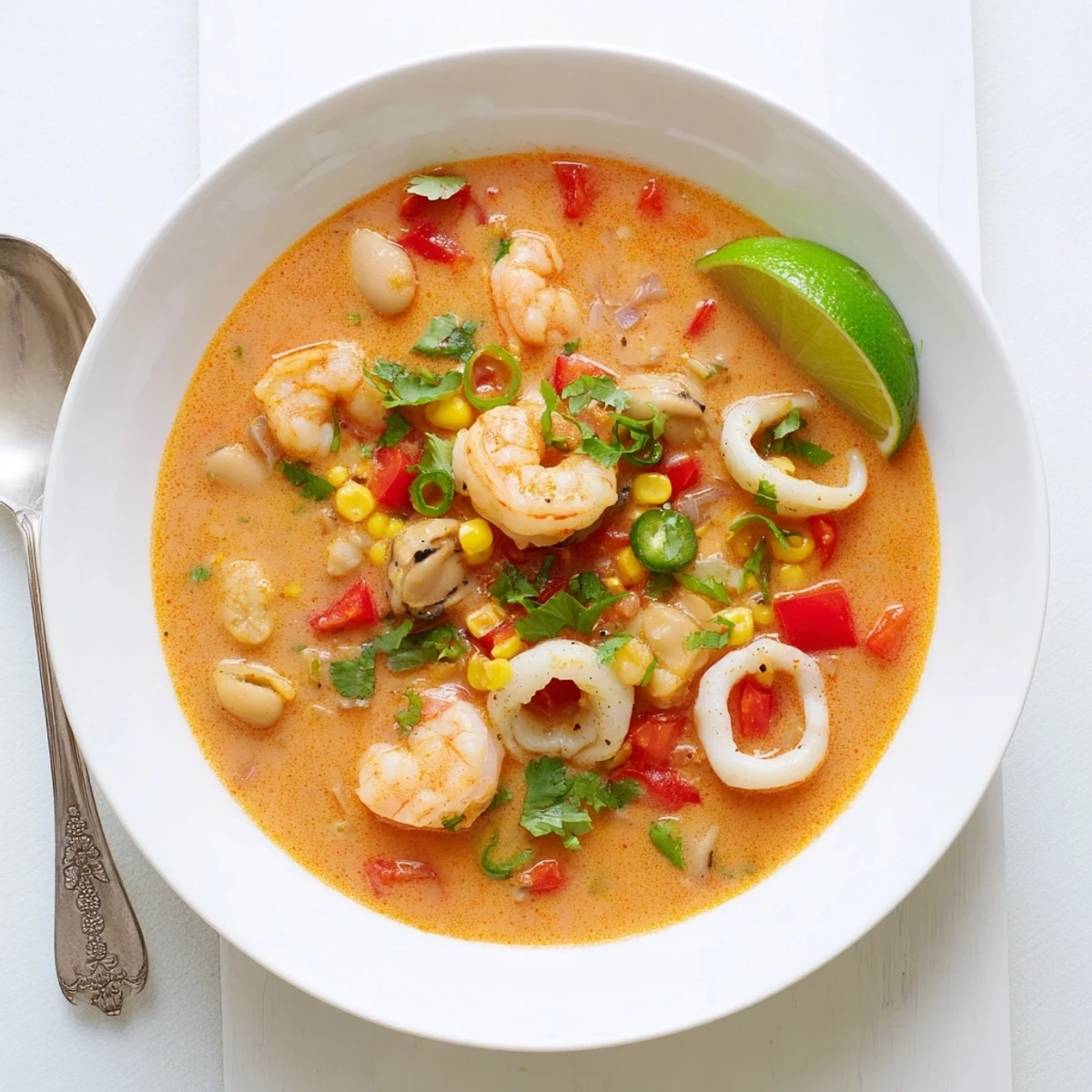 Creamy seafood and shrimp chili featuring tender shrimp in a rich, mildly spiced white sauce with colorful bell peppers and corn