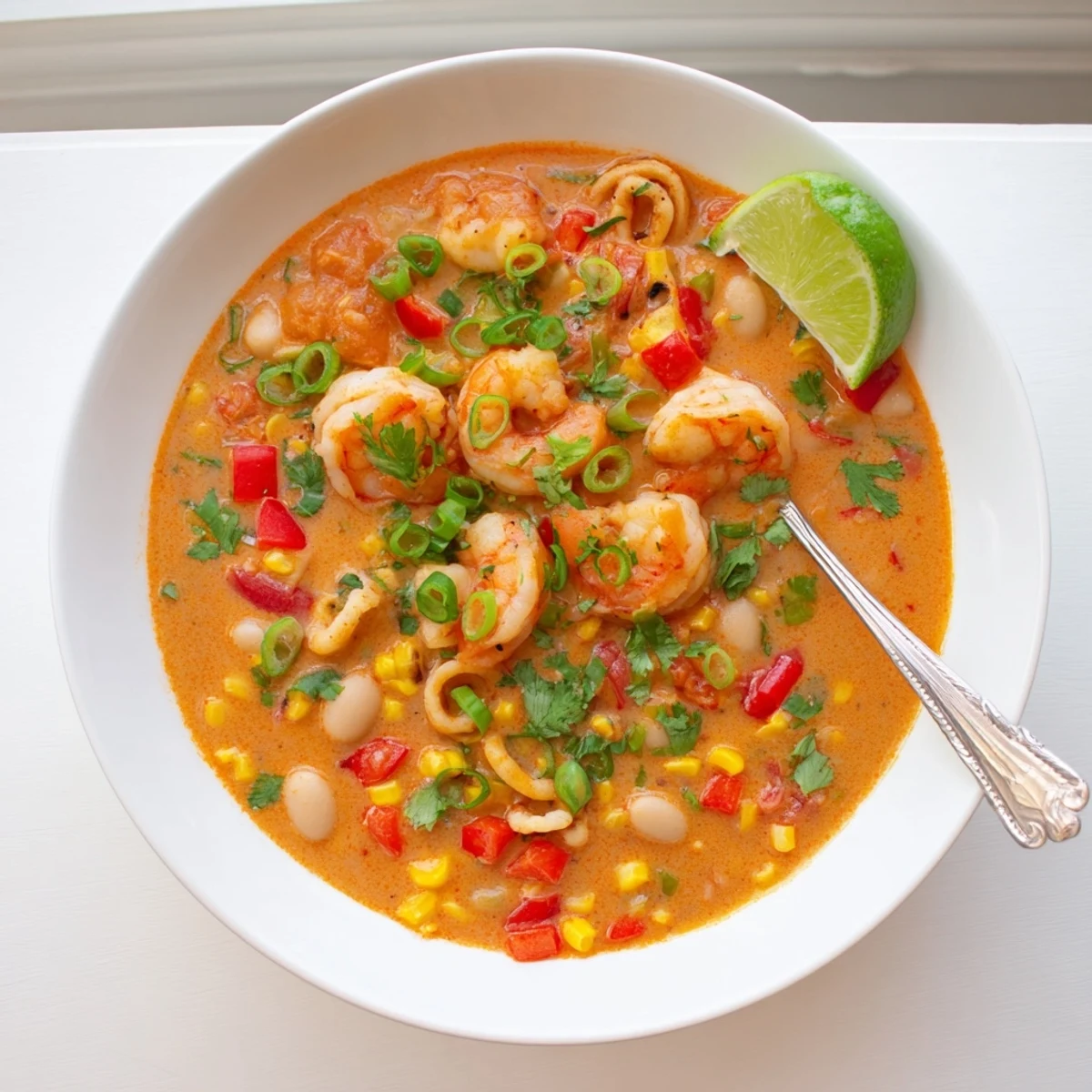 Steaming bowl of creamy seafood and shrimp chili topped with fresh cilantro and lime wedges, showcasing a velvety texture and perfectly cooked seafood