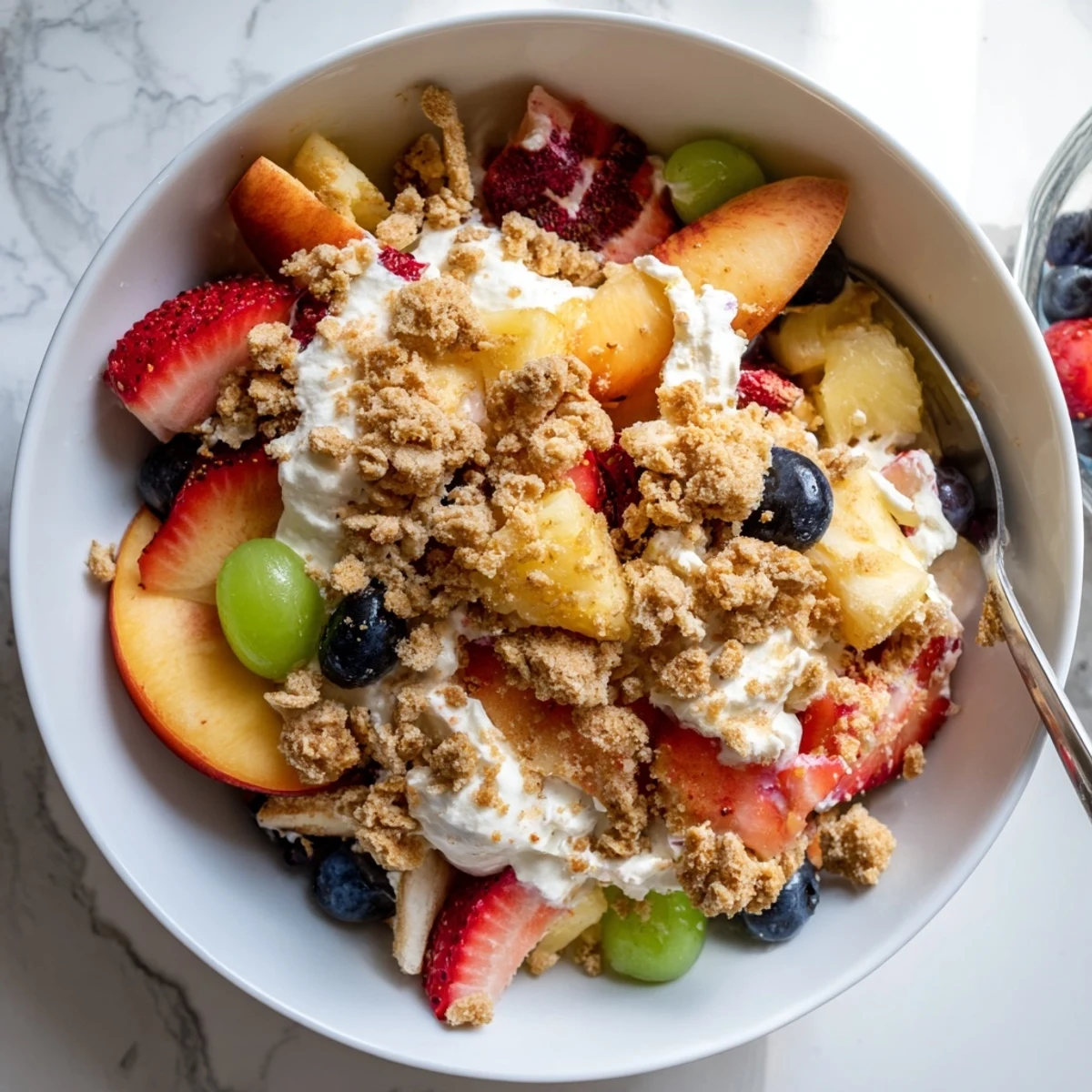 Creamy peach cobbler cheesecake fruit salad featuring ripe peaches, strawberries, and spiced cookie topping