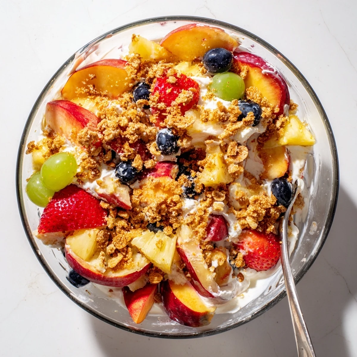 Refreshing peach cobbler cheesecake fruit salad with mixed fruit, cheesecake dressing, and crunchy streusel