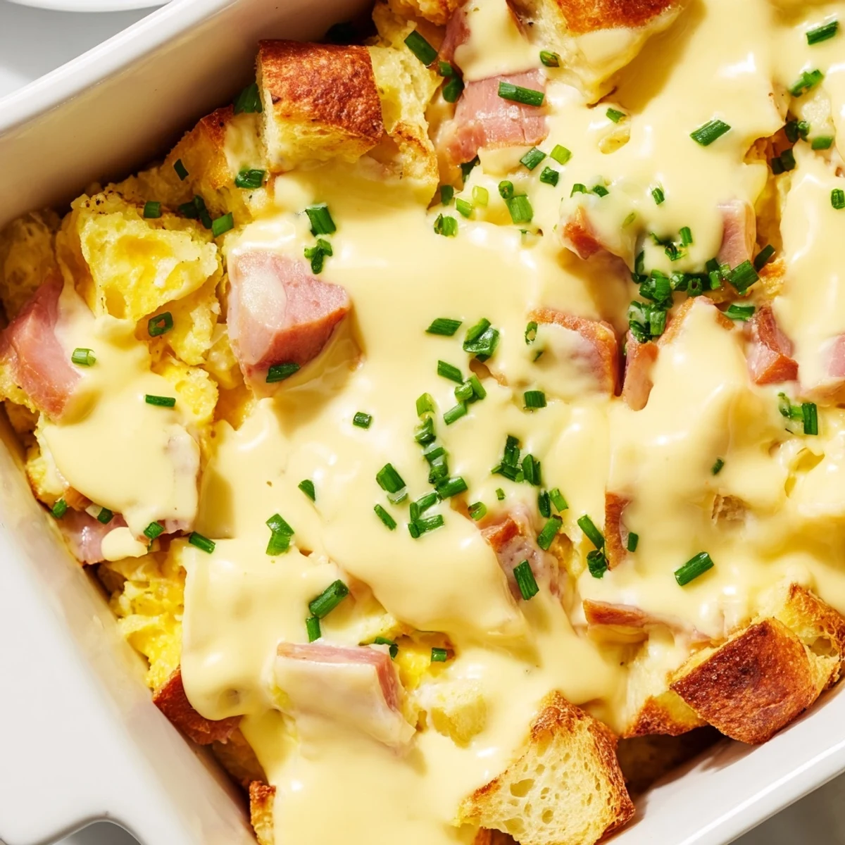 Fluffy breakfast casserole with English muffins, Canadian bacon, and rich hollandaise topping