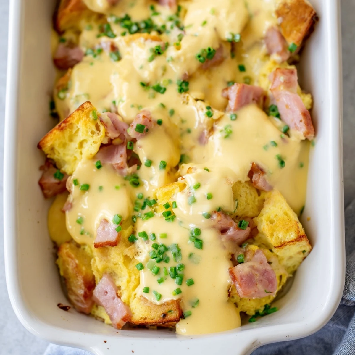 Savory Eggs Benedict Casserole served warm with velvety sauce and green onion garnish