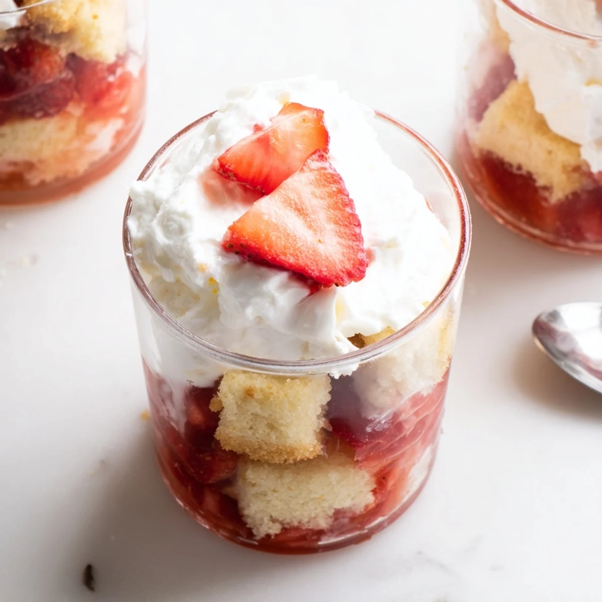 Golden strawberry shortcake cups layered with juicy macerated berries and fluffy whipped cream in clear glass dessert cups