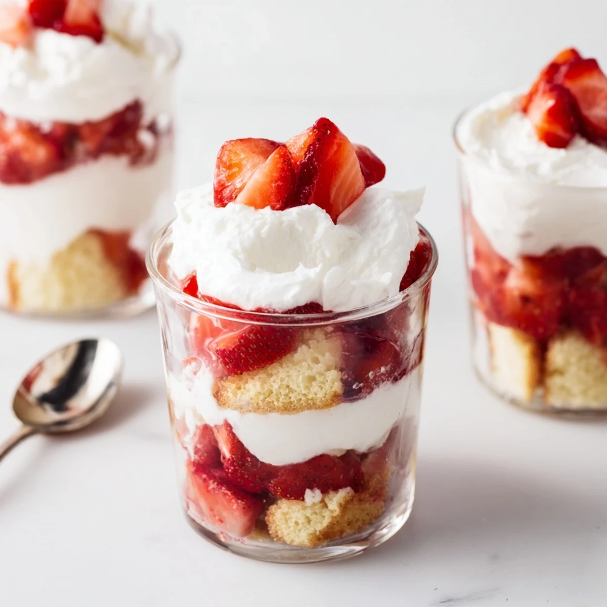 Individual strawberry shortcake cups showcasing tender buttery shortcake topped with sweet red strawberries and vanilla cream