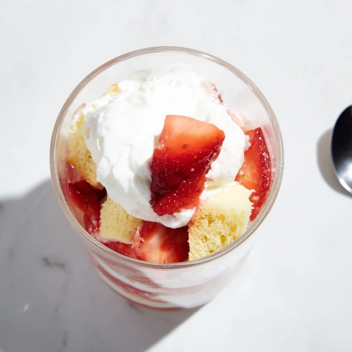 Strawberry shortcake cups dessert featuring crumbled cake layers macerated strawberries and white whipped cream garnished with fresh strawberry slices