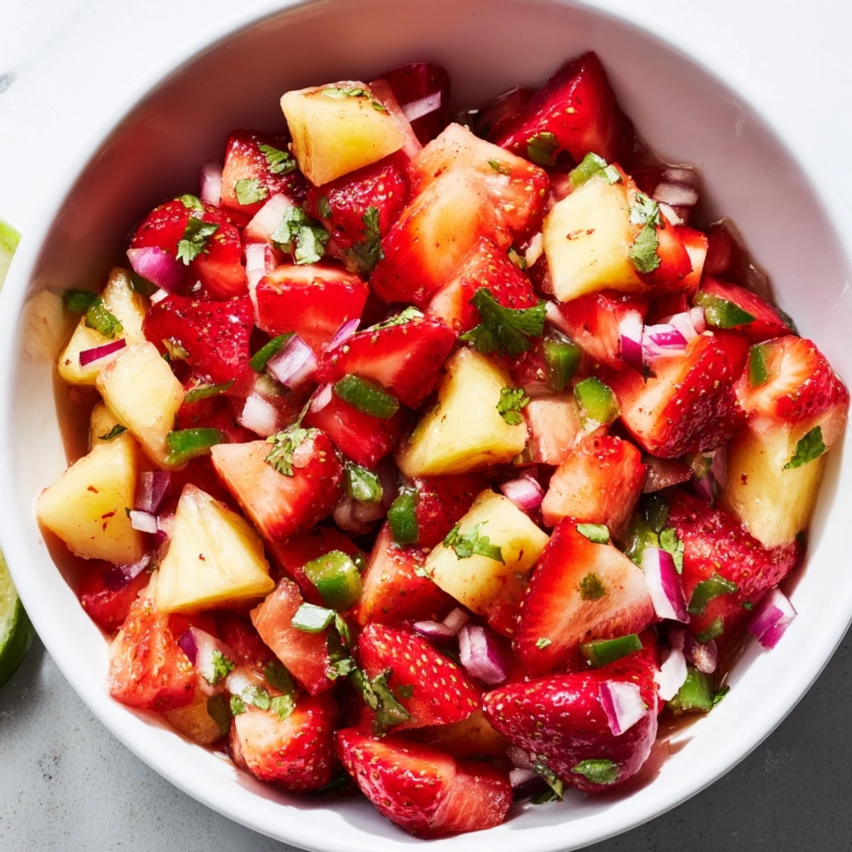 Colorful strawberry pineapple salsa in a white bowl with red fruit chunks, green cilantro, and tortilla chips on the side