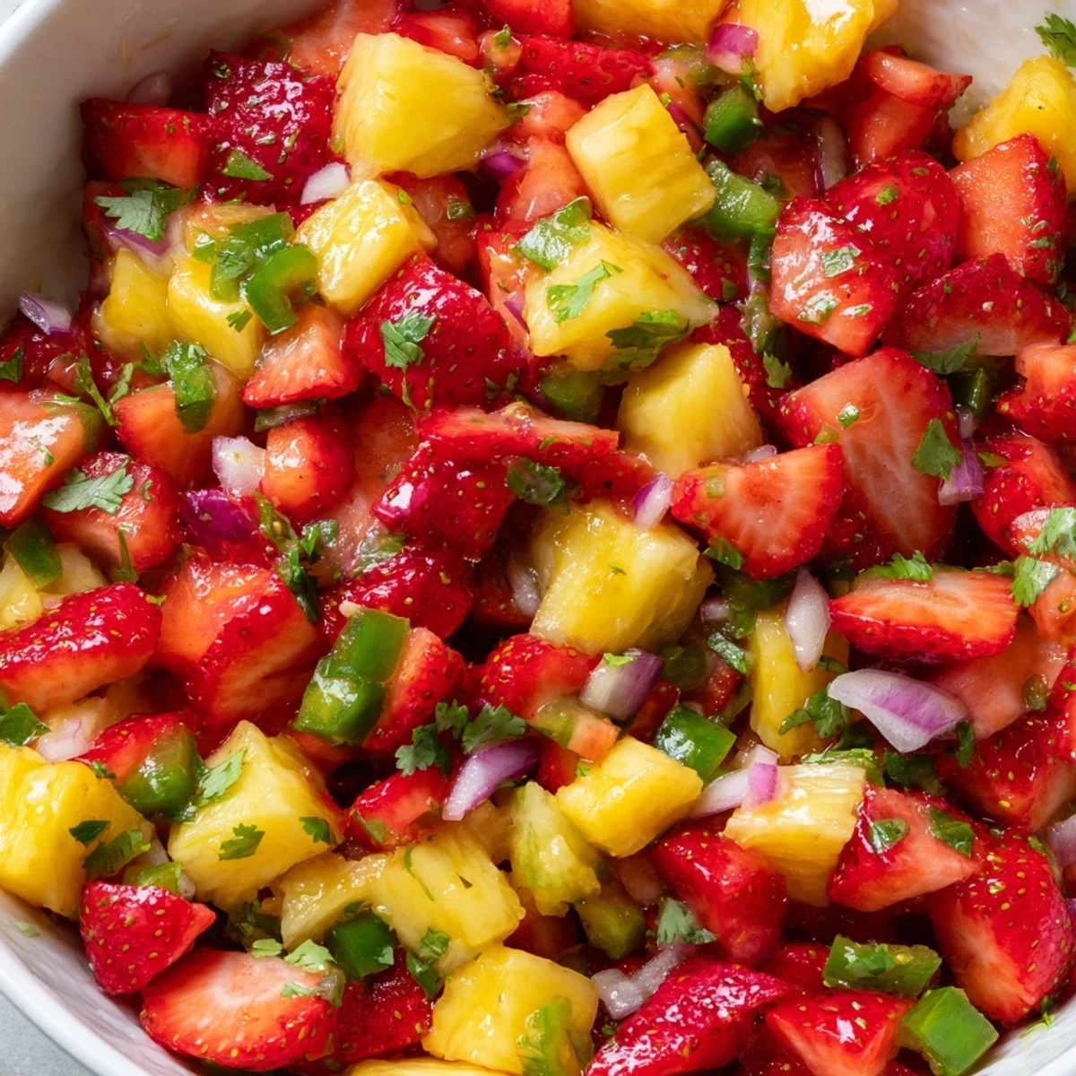 Vibrant bowl of homemade strawberry pineapple salsa scooped with crispy tortilla chips on a rustic wooden surface