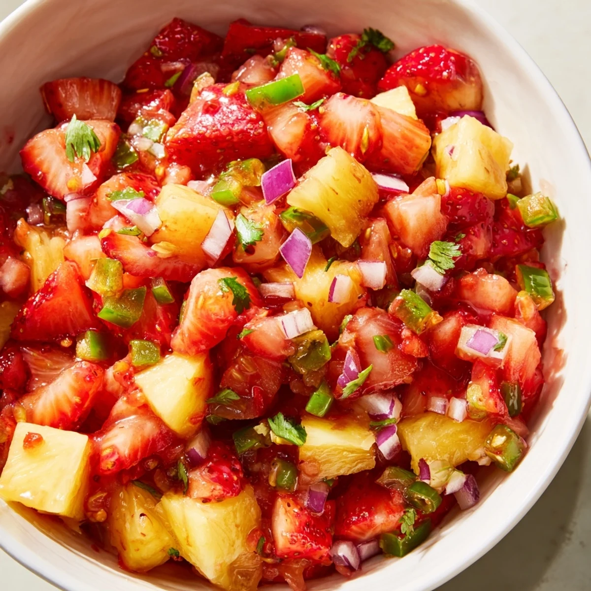 Fresh strawberry pineapple salsa featuring bright red berries, yellow pineapple pieces, and diced red onion garnished with cilantro