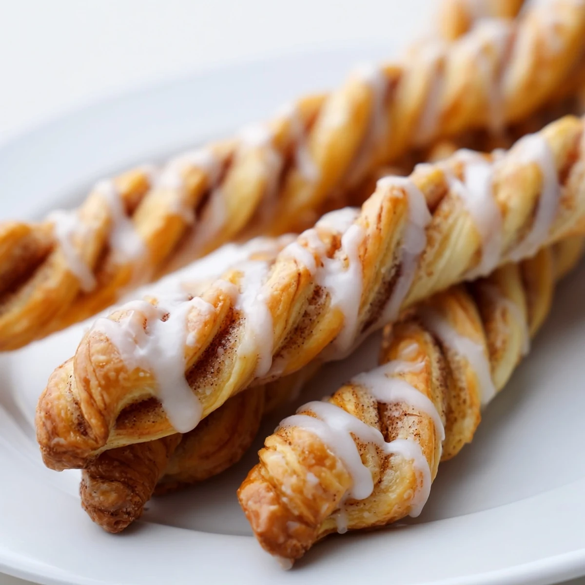 Golden sweet cinnamon twists drizzled with white vanilla glaze on a white plate