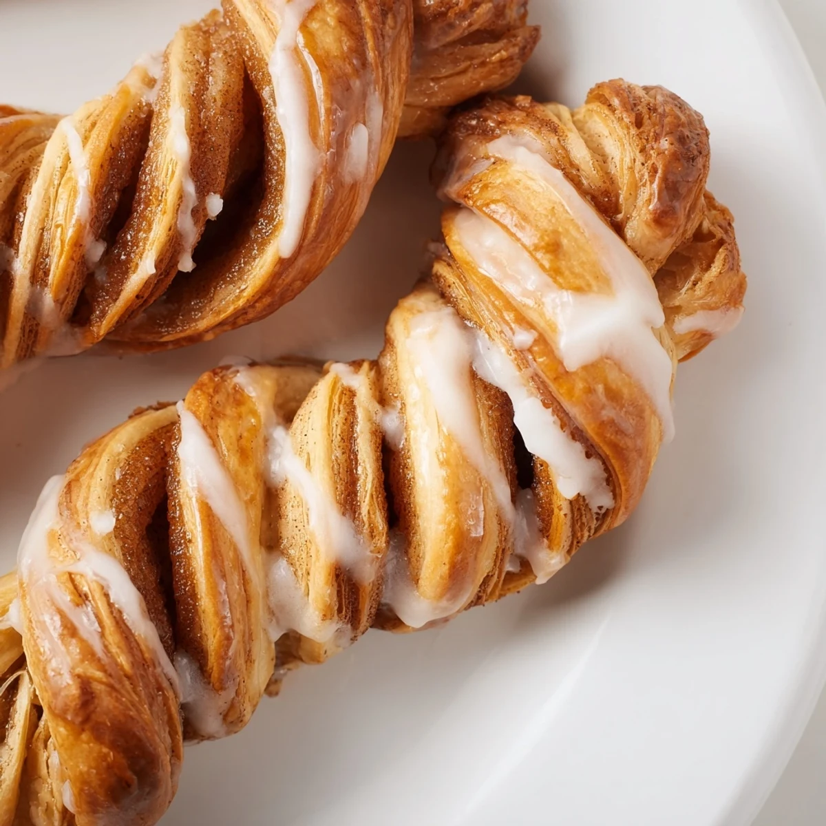Warm homemade cinnamon twists arranged on baking sheet with glossy vanilla glaze stripes