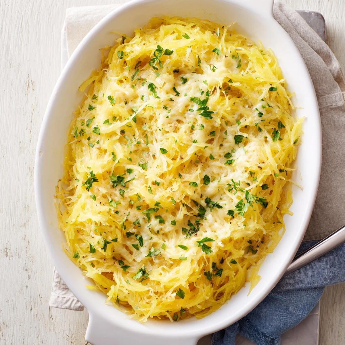 Creamy low-carb spaghetti squash au gratin bubbling in a white ceramic baking dish