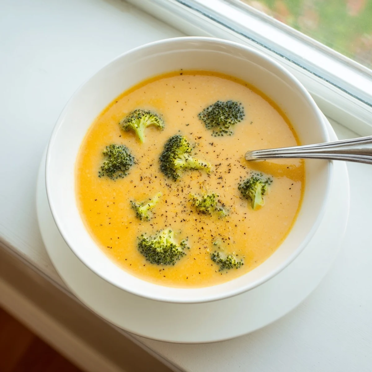 Creamy broccoli cheddar soup in a white bowl topped with grated cheese and cracked black pepper