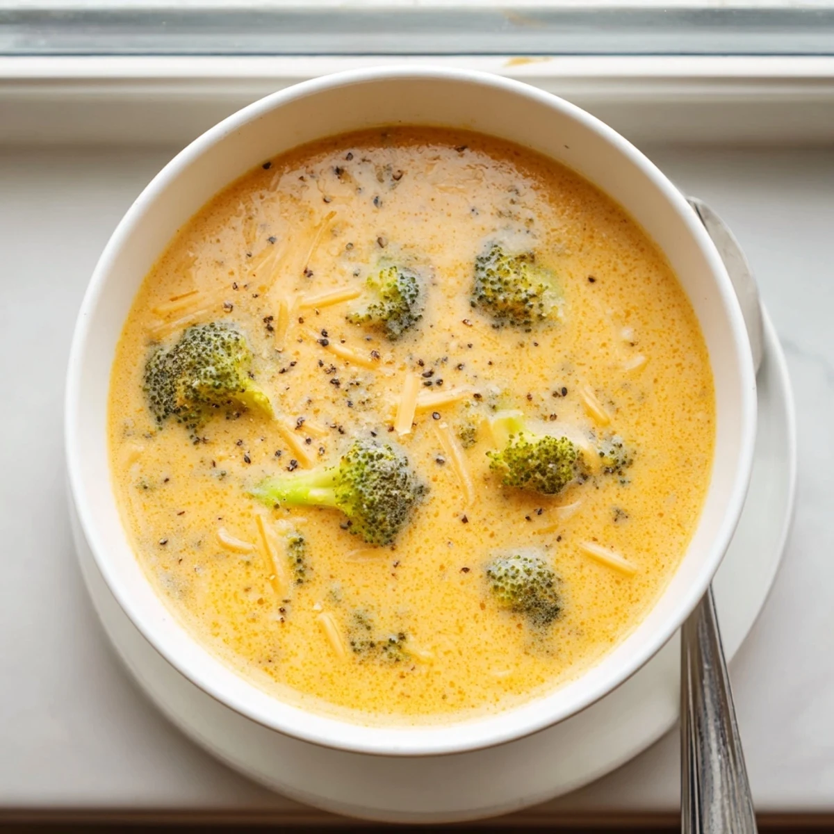Steaming bowl of homemade creamy broccoli cheddar soup with fresh broccoli florets and melted cheddar