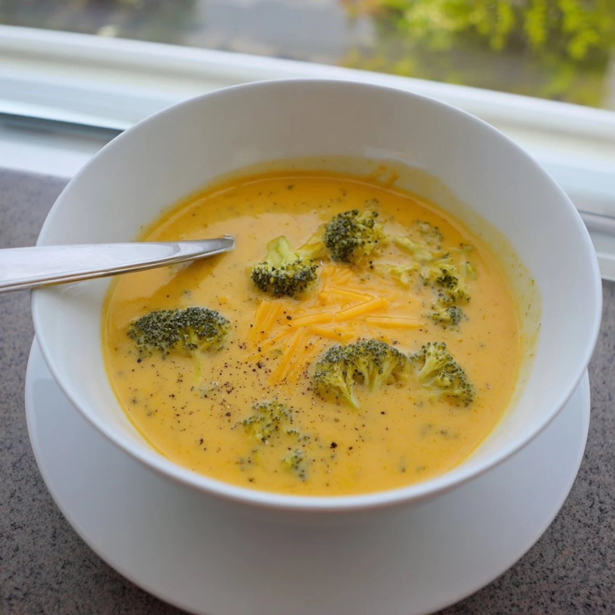 Rich orange creamy broccoli cheddar soup ladled into a rustic ceramic bowl with crusty bread