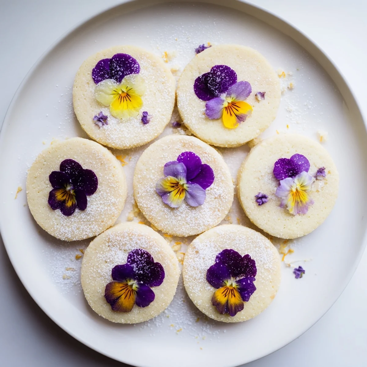 Golden spring flower shortbread cookies topped with colorful edible violets and pansies